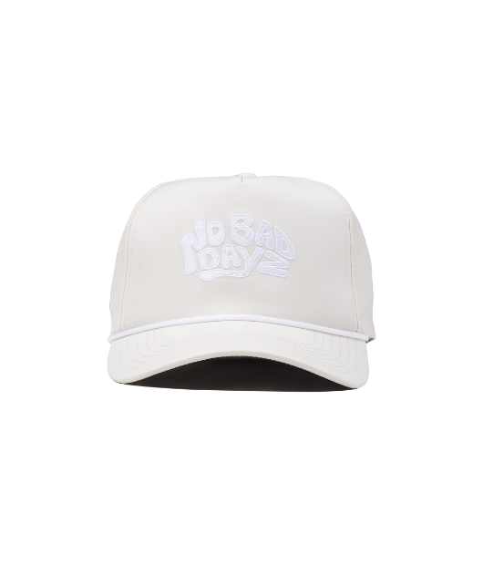 Man wearing white "No bad dayz" hat with white rope brim and white letters