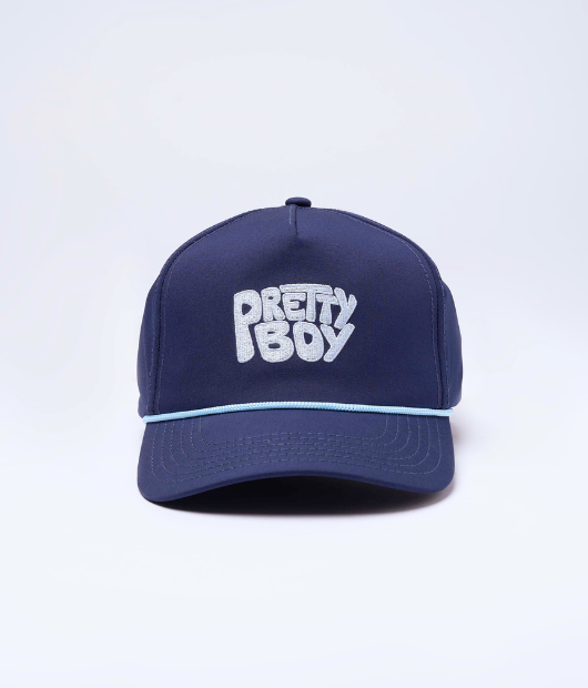 Blue hat with "Pretty Boy" in white letters and white rope on brim